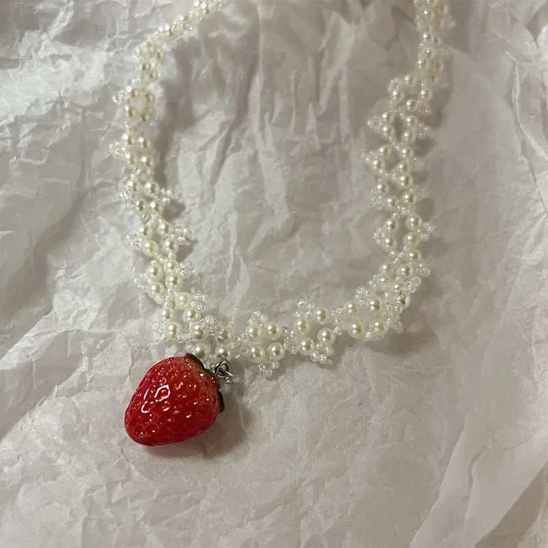 Handmade love necklace sweet romantic pearl strawberry pendant necklace lovely necklace cute necklace necklace for women y2k