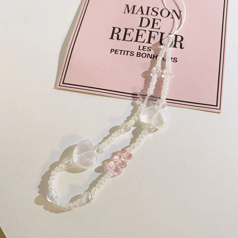 Simple Pink Bear Heart Strawberry Bowknot Flower Acrylic Imitation Pearl Beaded Phone Chain for Women Girls Sweet Accessories-Dollar Bargains Online Shopping Australia