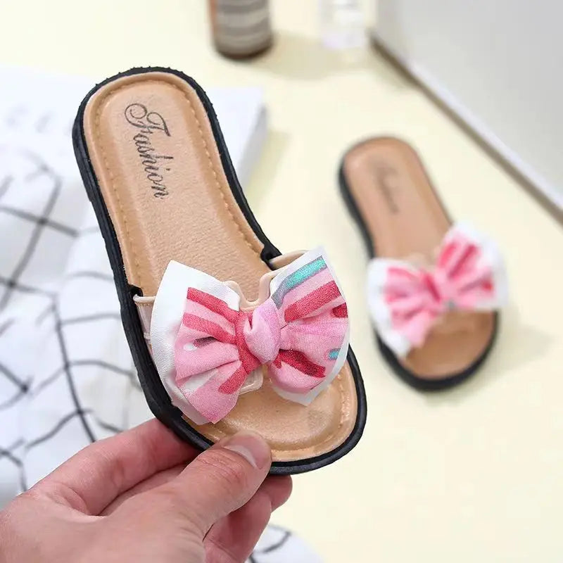 Bow Flats Open Toe Slide Sandals Non-slip Flip Flops Children Home Slippers Kids Girls Summer Cute Beach Slippers Shoe