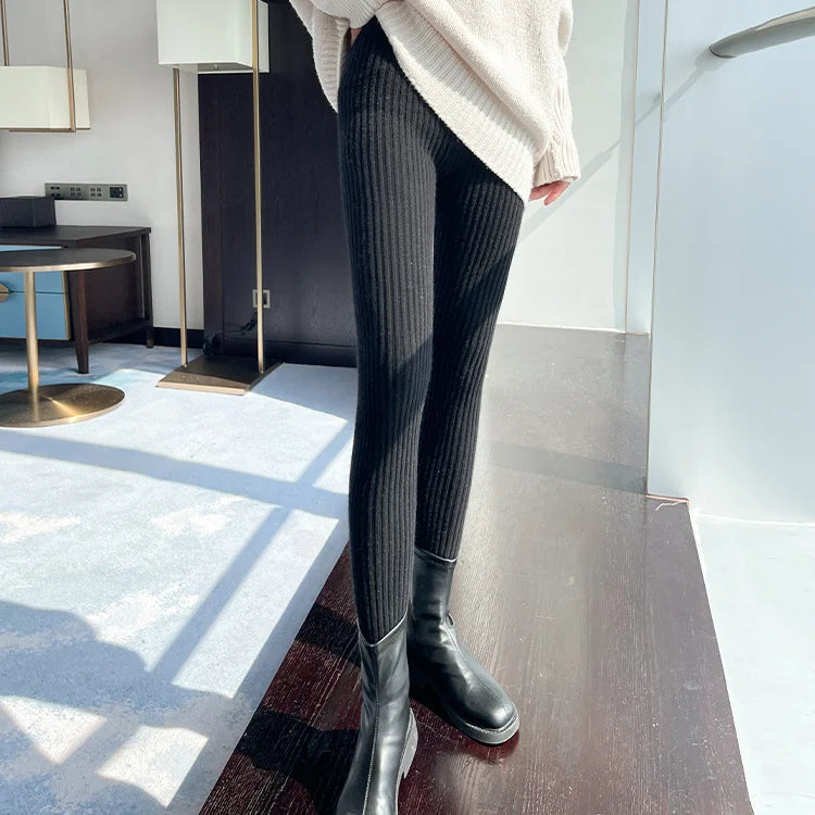 Slim Leggings Autumn Women High Waist Casual Trousers Knitted Ribbed Thicken Solid Elasticity Thermal Ankle-Length Leggins-Dollar Bargains Online Shopping Australia