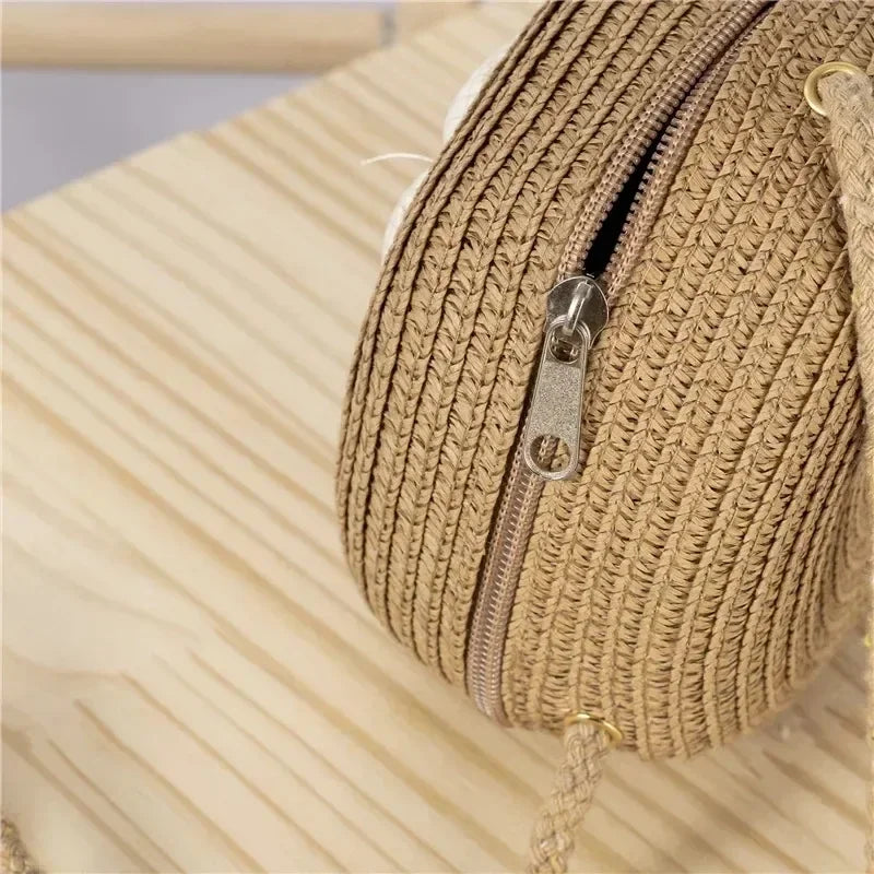 Minimalist Straw Bag Round Crossbody Purse Women Shoulder Vocation Style Handbag