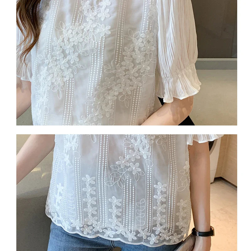 Women Blouse Short Sleeve Embroidery Lace Chiffon Blouse Shirt Blouse Women-Dollar Bargains Online Shopping Australia