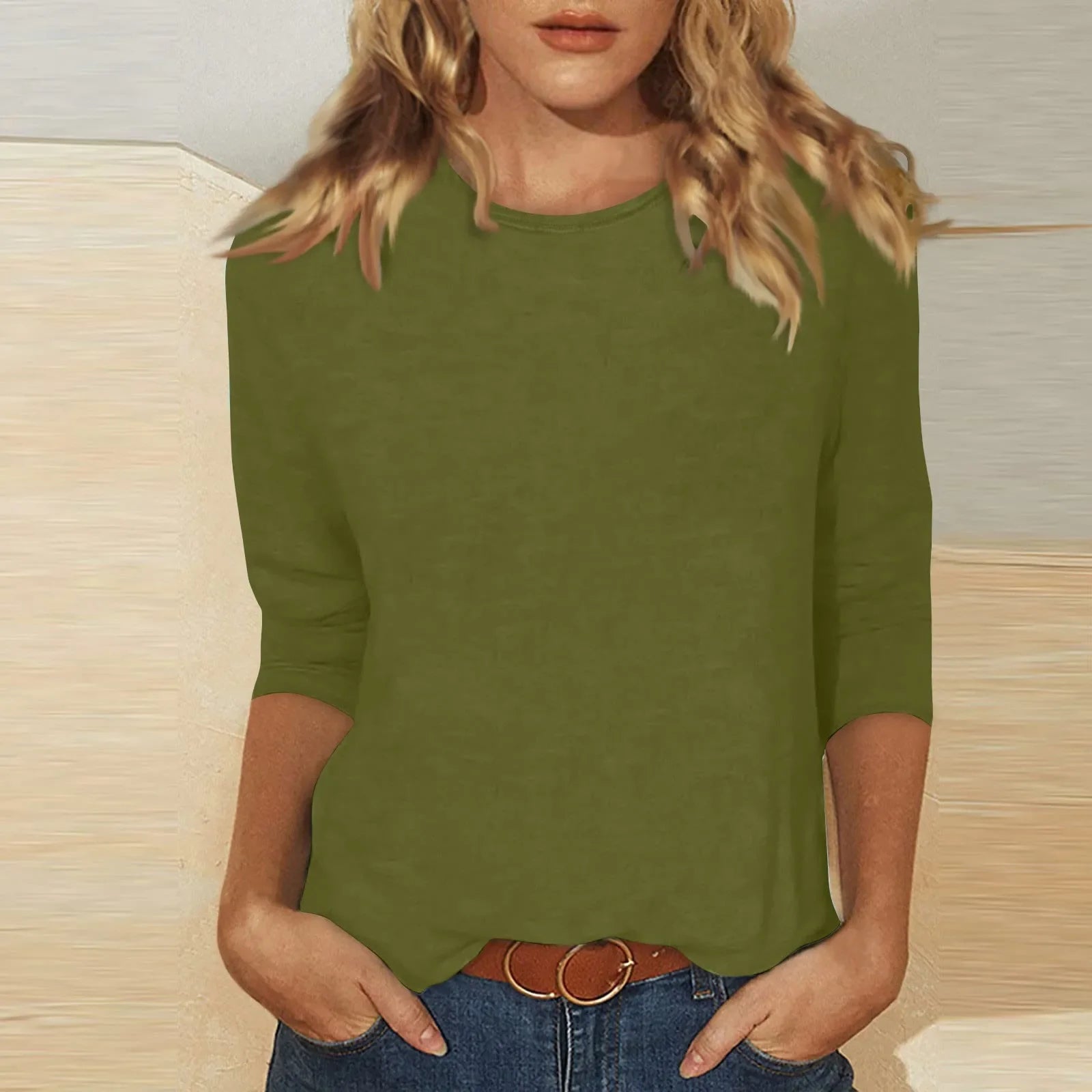 Women's Tops 3/4 Sleeve Summer Ethnic Solid Color O-Neck Slim Crewneck Slim Fit Tshirts Spring Blouse-Dollar Bargains Online Shopping Australia