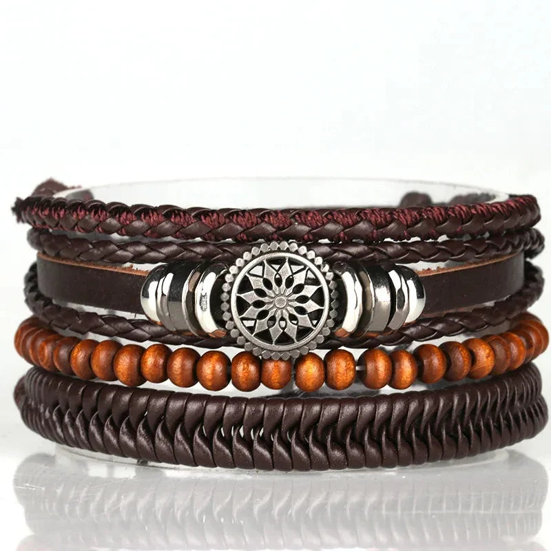 Trendy Compass Man Leather Bracelets set Black Hand Woven Bracelet for Men 4pcs/set DIY Male Jewelry Gift New Pulsera Hombre-Dollar Bargains Online Shopping Australia