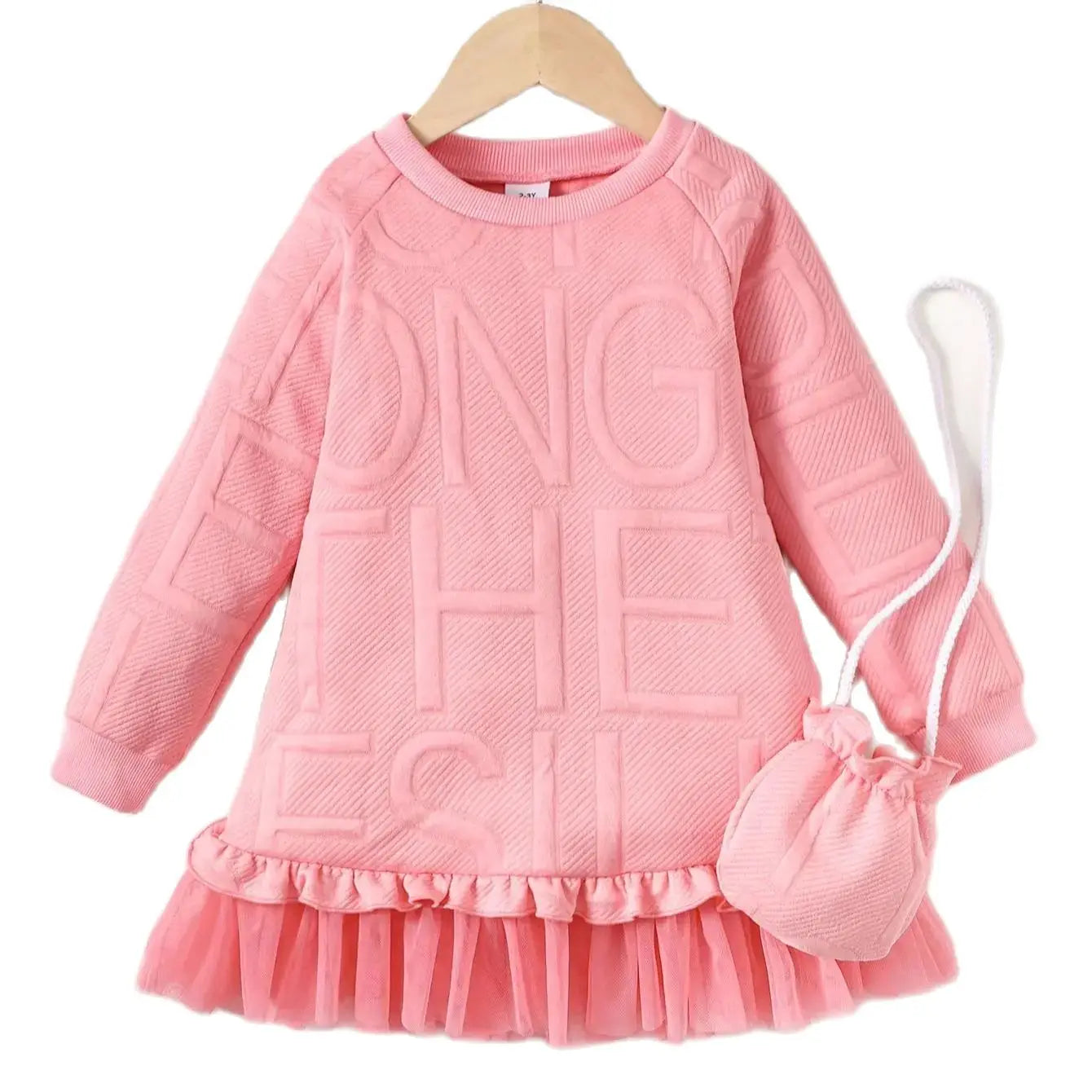 Children Girl Embossed Letter Long Skirt Winter Long Sleeve Dress with Satchel Princess Dress Birthday Party Outfit-Dollar Bargains Online Shopping Australia