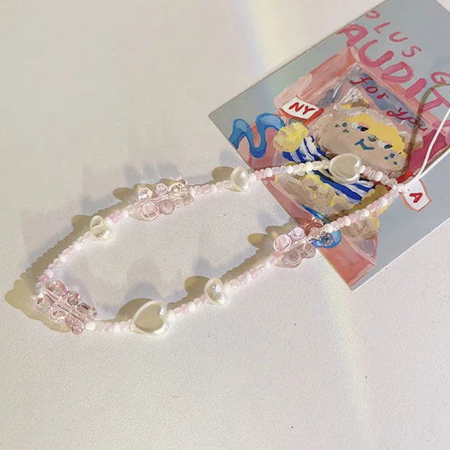 Simple Pink Bear Heart Strawberry Bowknot Flower Acrylic Imitation Pearl Beaded Phone Chain for Women Girls Sweet Accessories-Dollar Bargains Online Shopping Australia