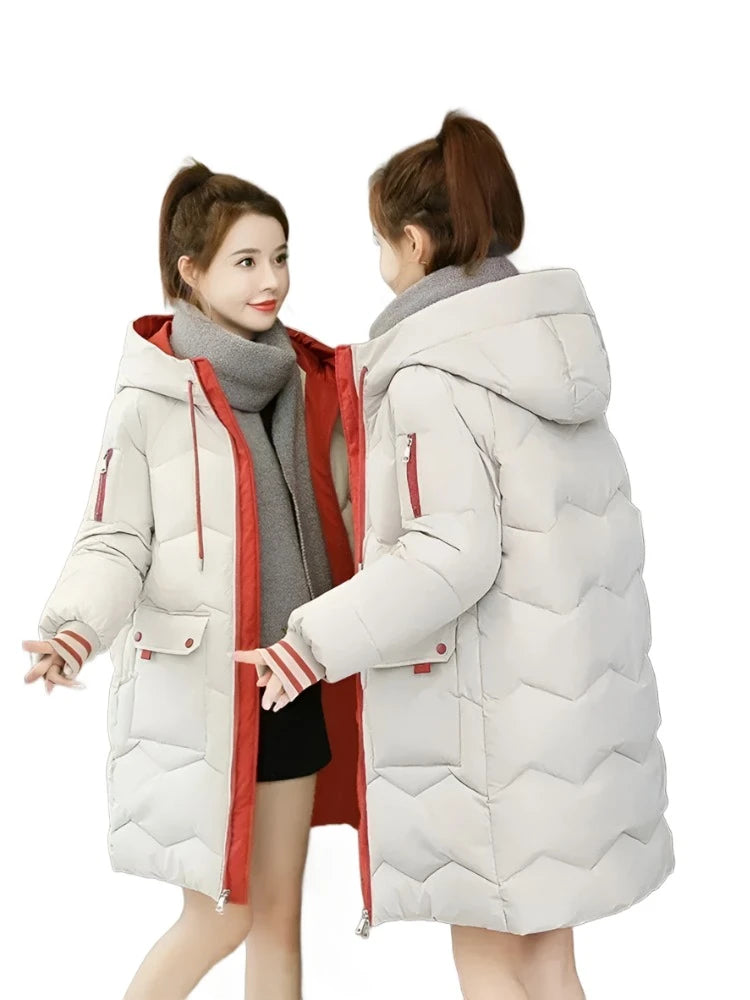 Women Jackets Coats Casual Long Parka Cotton Turtleneck Hooded Cuffs Closing Jackets Wind-proof Travelling Coats