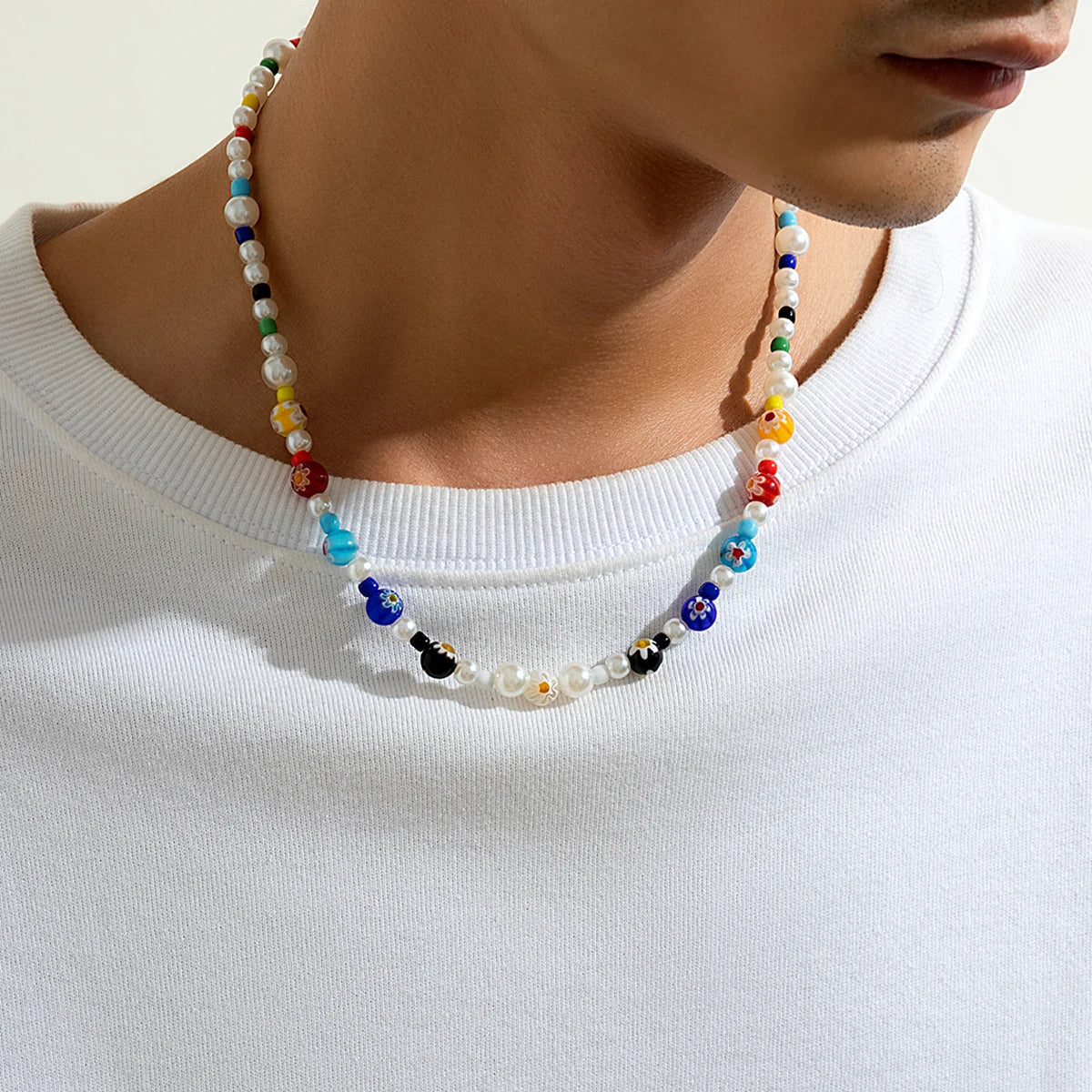 Imitation Pearl and Colorful Beads Short Choker Necklace for Men Trendy Beaded Chains