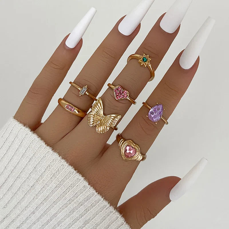 Pink Acrylic Butterfly Knuckle Ring Set For Women Crystal Enamel Mushroom Yin Yang Flower Rings Girls Fashion Jewelry-Dollar Bargains Online Shopping Australia