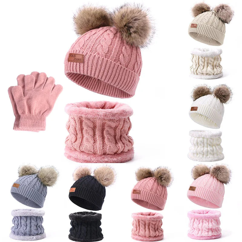 Warm Winter Baby Hats with Scarves for Kids Wool Pompom Baby Hat Children Bonnet Cap Boys Girls Knitted Scarf Gloves Beanie Caps-Dollar Bargains Online Shopping Australia