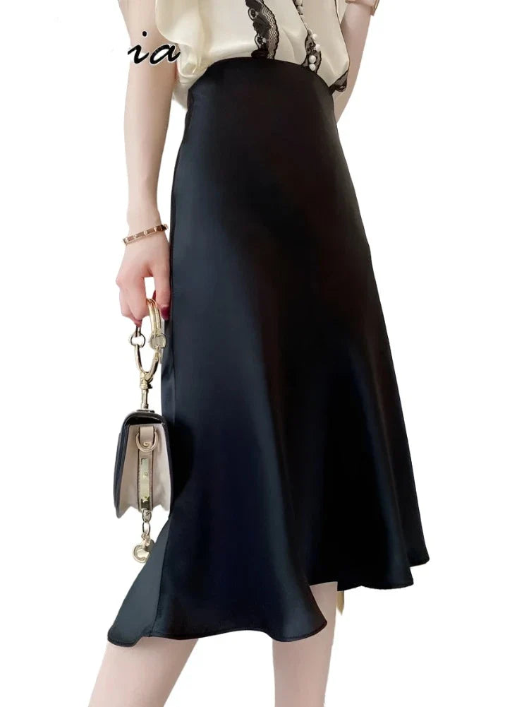 Silk Satin Skirts for Women High Waisted Skirt Women A-Line Elegant Skirts Summer Pink Midi Skirt-Dollar Bargains Online Shopping Australia