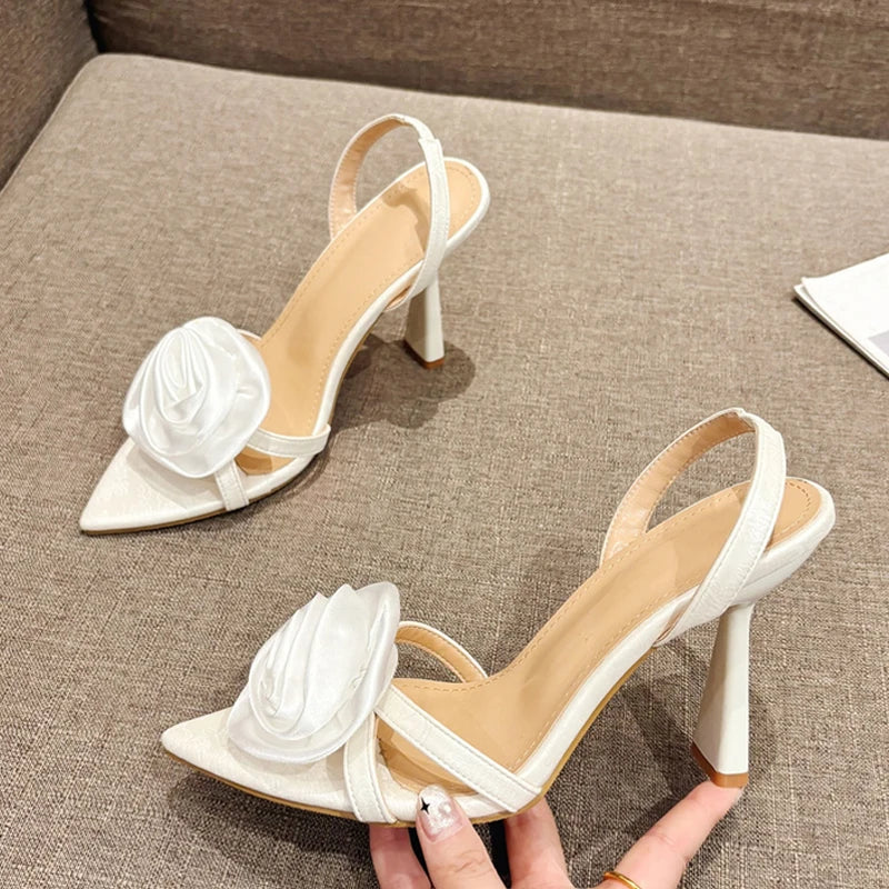 Silk Rose Flowers Pointed Open Toe Back Strap Sandals Women Red High Heels Wedding Prom Shoes-Dollar Bargains Online Shopping Australia