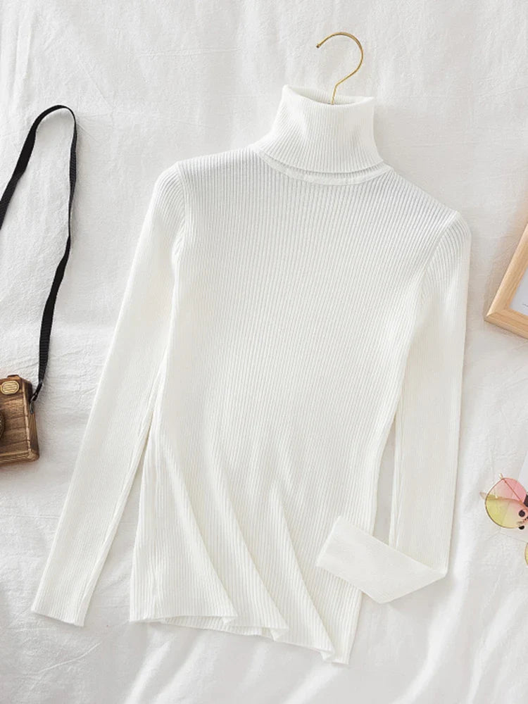 Korean Fashion Turtleneck Women Autumn Winter Pullover Sweater Basic Solid Casual Slim Stretch Ribbed Knitted Top Woman Sweaters-Dollar Bargains Online Shopping Australia