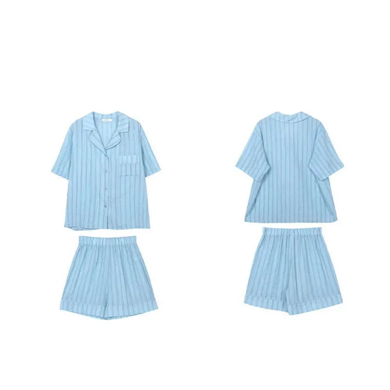 Striped Sleepwear Women Pajama Sets Korean Piiama Sets 2 Pieces Summer Night Wears Short Sleeve Pyjamas Pocket Home Suit 2024