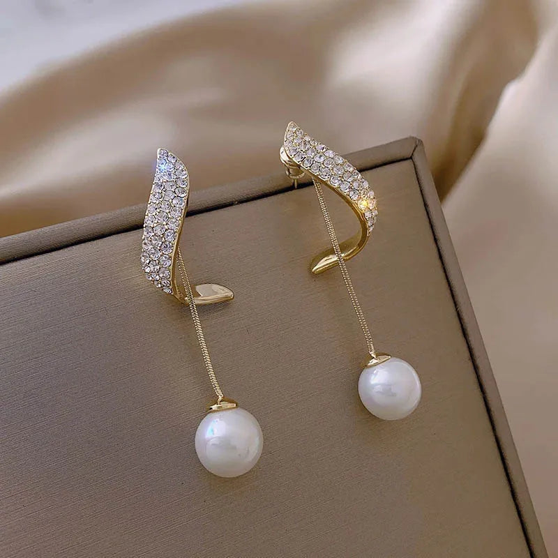 Elegant Pearl Dangle Earrings For Women Crystal Long Tassel Exquisite Drop Earring Wedding Jewelry