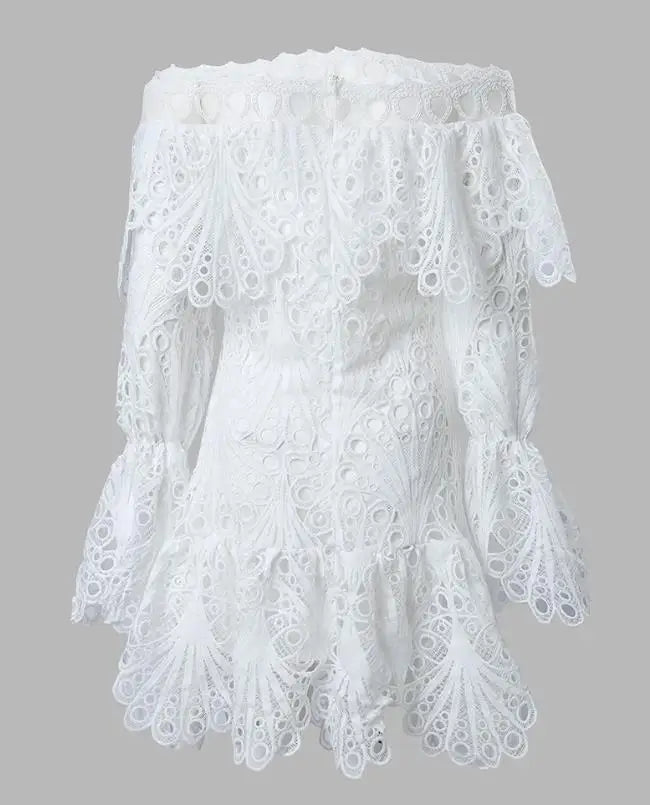 Women Eyelet Embroidery Off Shoulder Ruffle Hem Party Mini Dress A Line Summer Casual-Dollar Bargains Online Shopping Australia