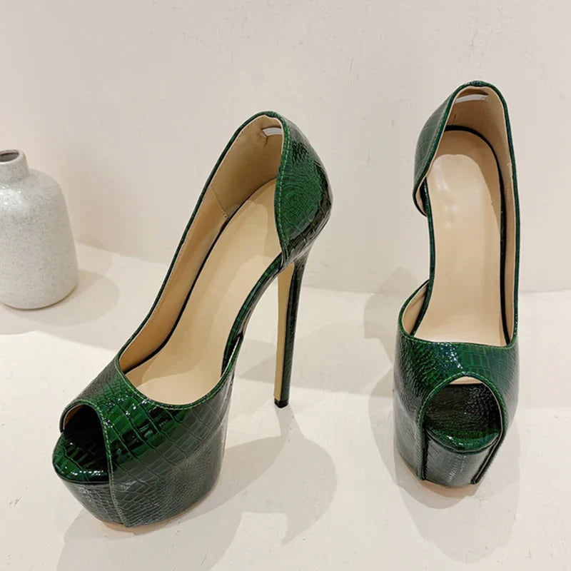Green Snake Print Leather Platform Pumps Women Sexy Slingback Peep Toe Extreme High Heels Strip Pole Dance Shoes-Dollar Bargains Online Shopping Australia