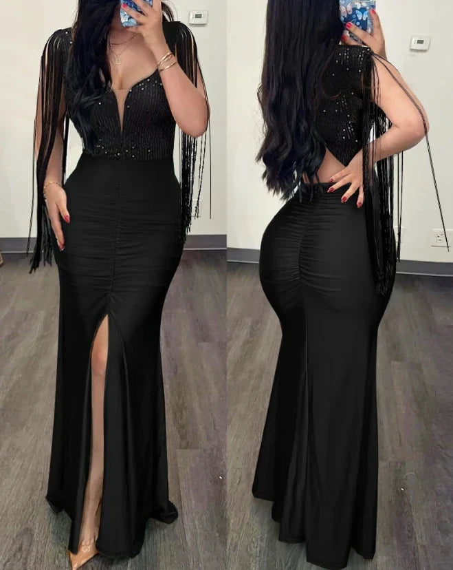 Elegant Evening Party Dresses for Women Sexy Contrast Sequin Ruched Slit Evening Dress-Dollar Bargains Online Shopping Australia