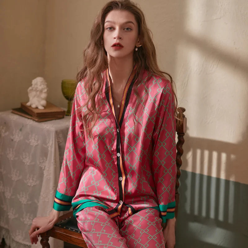 Long Sleeved Women Pajamas Set Ice Silk Printed Fashion Pyjamas-Dollar Bargains Online Shopping Australia