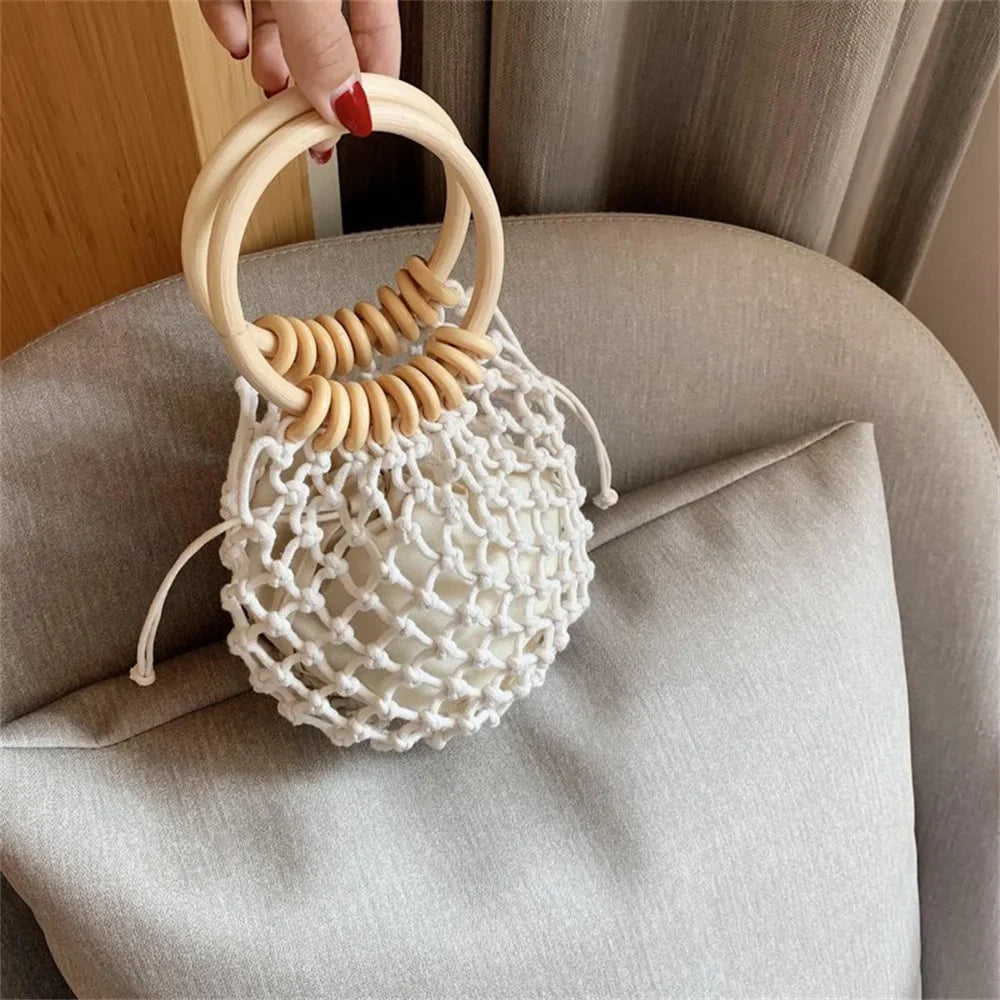Summer Straw Woven Beach Bag Hollow Fishnet Handbag Women Shoulder Bags Rattan Ladies Purses Fashion Wrist Pack Bucket Tote-Dollar Bargains Online Shopping Australia