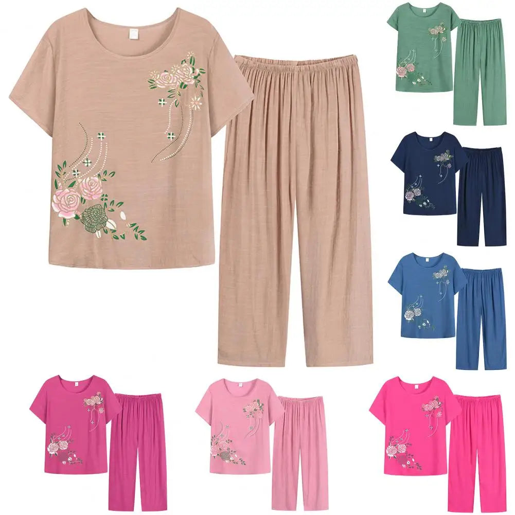 Pyjamas Set Sleepwear Women Cotton Print Flower Loose Nightwear