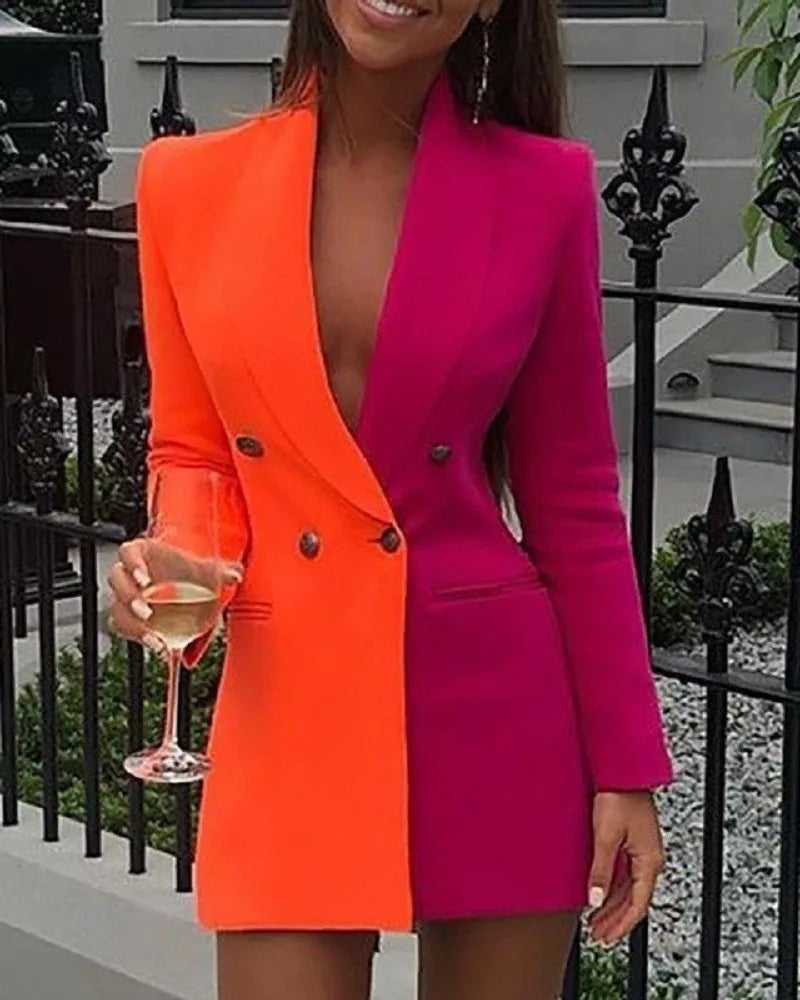 Women Blazer Elegant Office Lady Suit Thin Spring V-neck Female Long Sleeve New Patchwork Slim OL Double Breasted Dress Coat-Dollar Bargains Online Shopping Australia