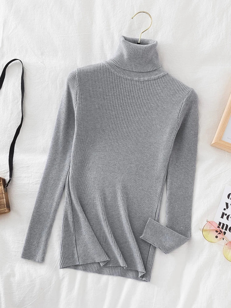 Korean Fashion Turtleneck Women Autumn Winter Pullover Sweater Basic Solid Casual Slim Stretch Ribbed Knitted Top Woman Sweaters-Dollar Bargains Online Shopping Australia
