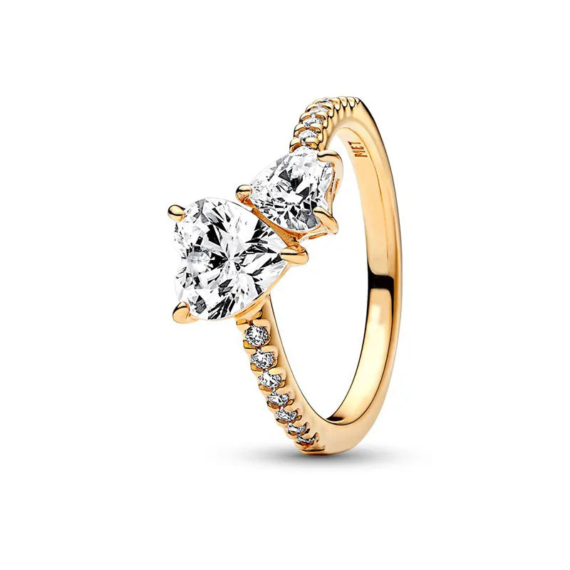 Gold Plated Silver Ring Zircon Sparkling Double Band Heart Finger Ring Women Ring Fine Jewelry