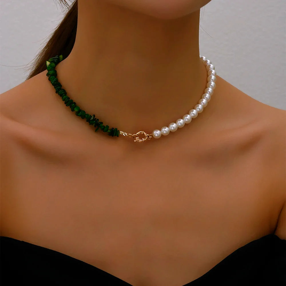 Elegant Jewelry Wedding Big Pearl Necklace For Women Fashion Imitation Pearl Green Rose Color Stone Choker Necklace-Dollar Bargains Online Shopping Australia