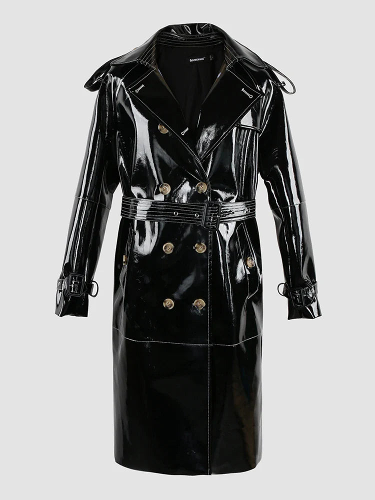Long Shiny Black Red Patent Pu Leather Trench Coat for Women Belt Double Breasted Luxury Designer Clothes-Dollar Bargains Online Shopping Australia