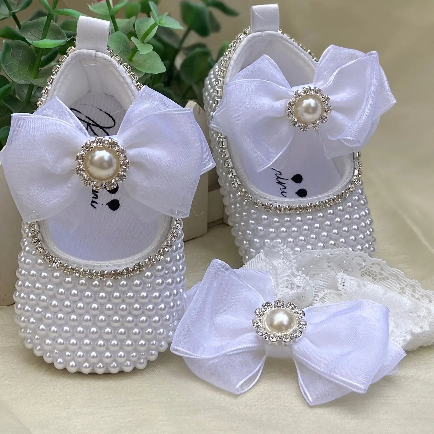 Handmade White Pearls Bling Rhinestone Baby Crib Shoes Christening Outfit Wedding Sparkle Organza Baptism 0-3m Shoes