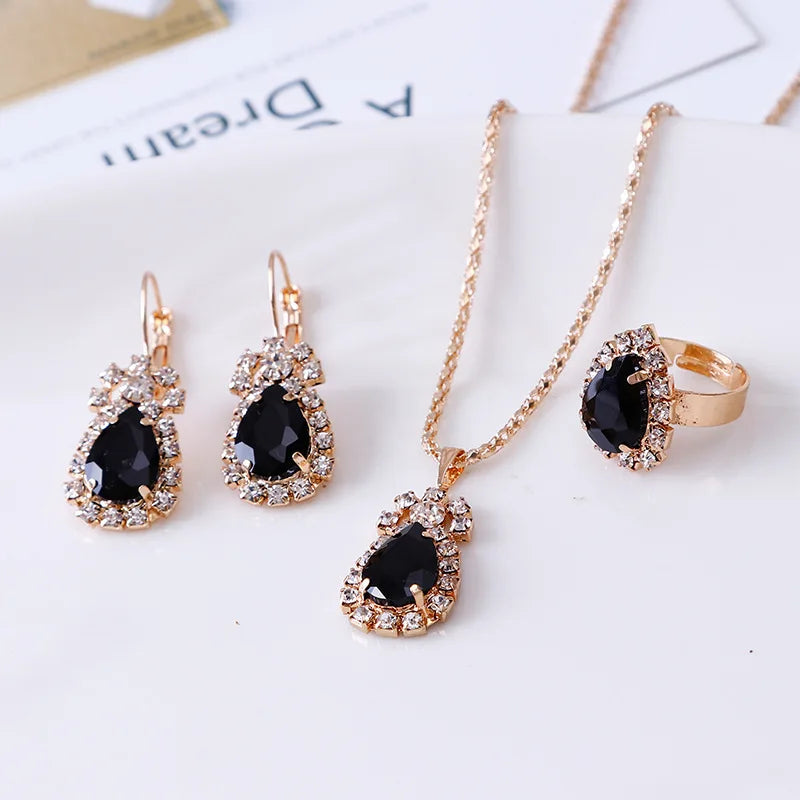 Crystal Ring Necklace Earrings Set Wedding Jewelry Sets For Brides Pendant Earrings For Girls Women African Jewelry Sets-Dollar Bargains Online Shopping Australia