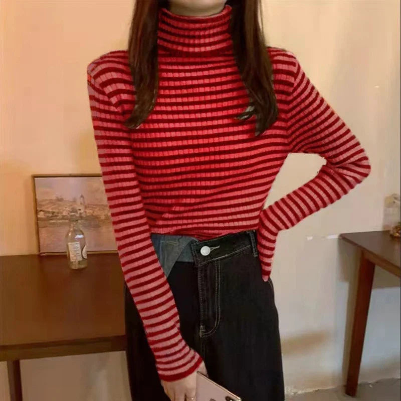 Women's Striped Turtleneck Sweater Autumn and Winter Knit Sweater-Dollar Bargains Online Shopping Australia