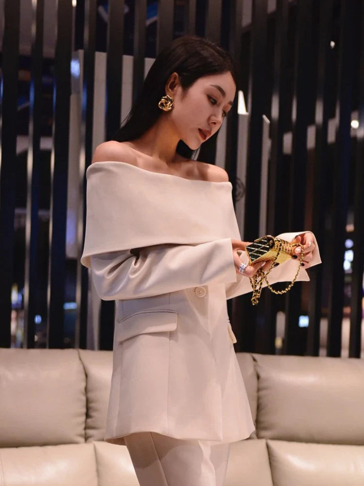 Slash Neck Chic Blazers Women Off Shoulder Long Sleeve Patchwork Single Button Solid Coat-Dollar Bargains Online Shopping Australia