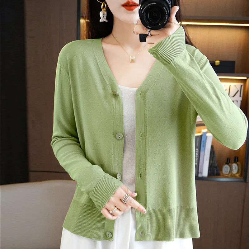 Thin Solid V-Neck Ice Silk Knitted Long Sleeve Cardigan Fashion V-Neck Top for Women-Dollar Bargains Online Shopping Australia