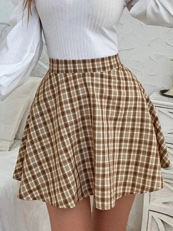 2023 New Women Fashion Vintage Plaid Casual With Skirt  Sweet Contrast Plaid Skirt A-line Skirt High Waist Skirt