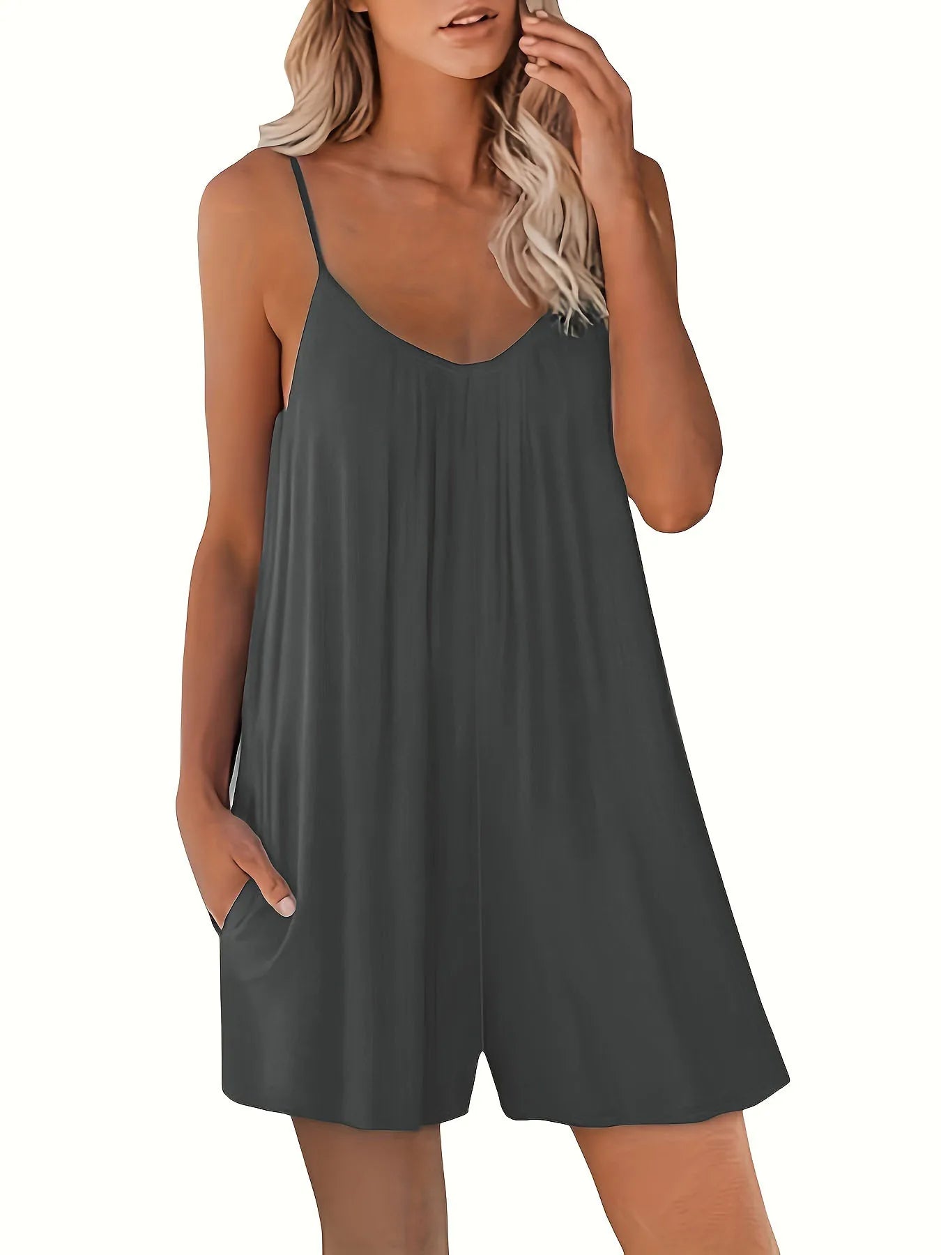 Women's Casual Strap Shorts Solid Round Neck Loose Pocket Jumpsuit-Dollar Bargains Online Shopping Australia