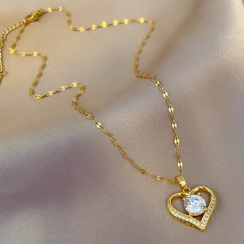Gems Heart Pendant Necklace Golden Stainless Steel Lips Neck Chain Female Necklaces Jewelry for Girl-Dollar Bargains Online Shopping Australia