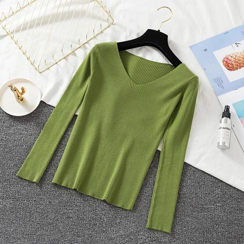 Women Sweater Long Sleeve Pullover Basic Top Fashion V-neck Elastic Female Winter Solid Knitted Jumper-Dollar Bargains Online Shopping Australia