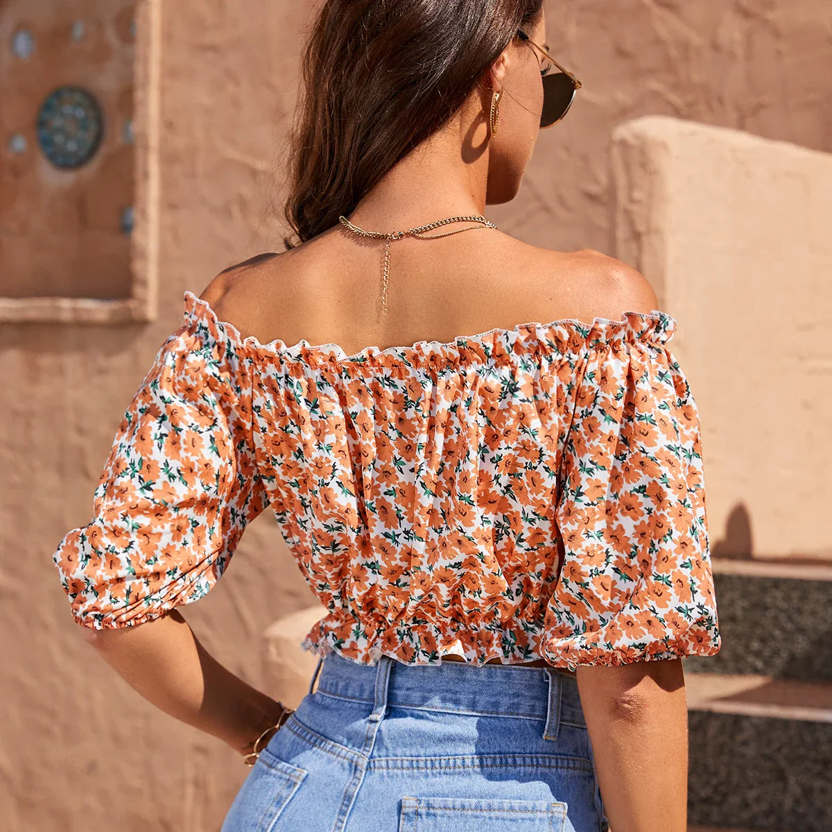 Floral Lantern Sleeve Casual Shirt Women Summer Vacation Elastic Off Shoulder Crop Tops Beach Style-Dollar Bargains Online Shopping Australia
