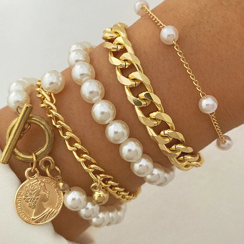 Boho Fashion Bracelets For Women New Vintage Geometric Pearl  Human Head Coin Pendant Gold Color