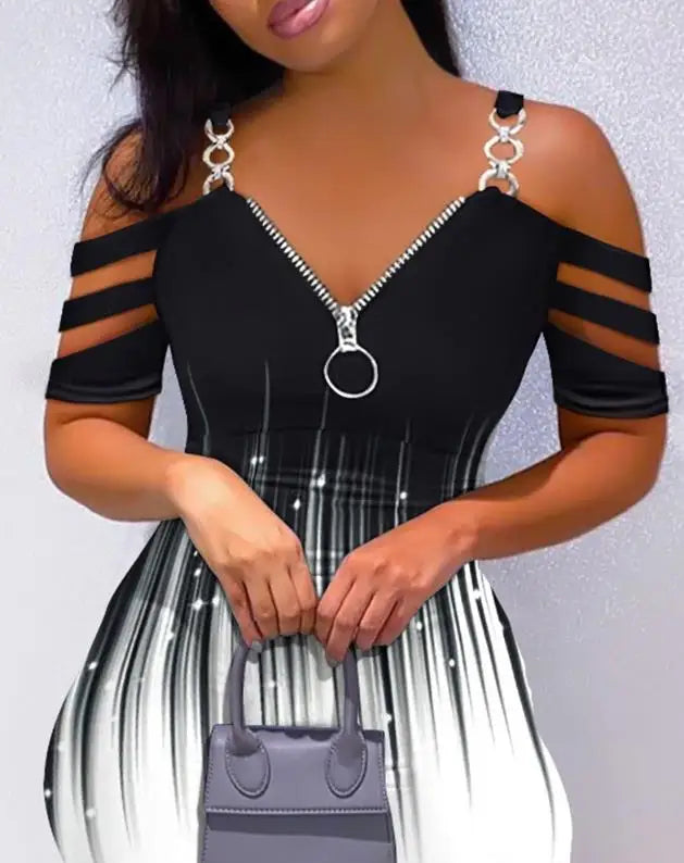Colorblock Cold Shoulder Bodycon Skinny Mini Dress Elegant Dresses for Women-Dollar Bargains Online Shopping Australia