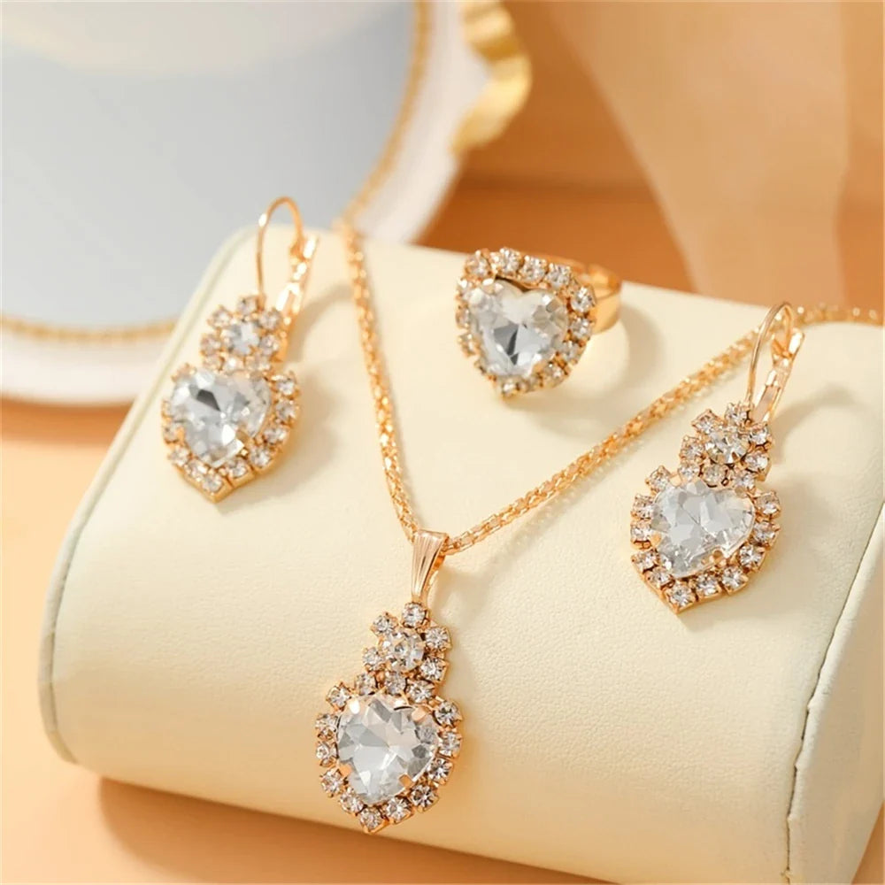 Luxurious Design Heart Shape Red Crystal Necklace Ring Earrings Jewelry Set Elegant Bridal Wedding Accessories Anniversary Gifts-Dollar Bargains Online Shopping Australia