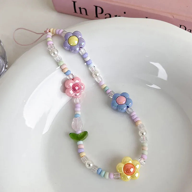 Simple Pink Bear Heart Strawberry Bowknot Flower Acrylic Imitation Pearl Beaded Phone Chain for Women Girls Sweet Accessories-Dollar Bargains Online Shopping Australia