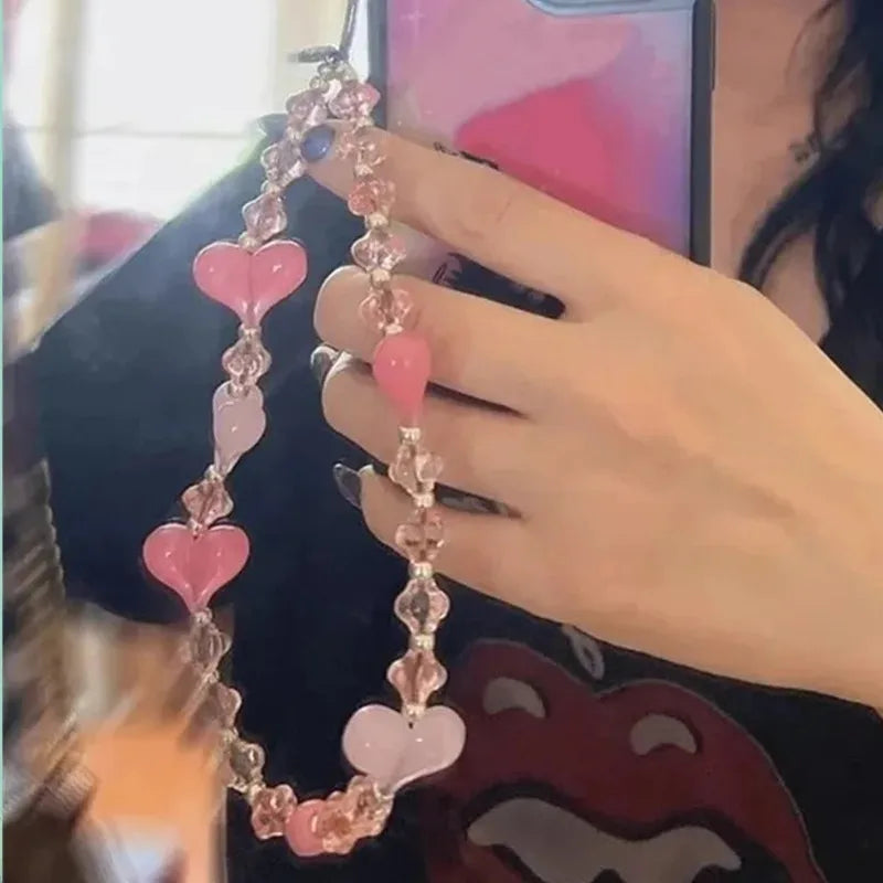 Simple Pink Bear Heart Strawberry Bowknot Flower Acrylic Imitation Pearl Beaded Phone Chain for Women Girls Sweet Accessories-Dollar Bargains Online Shopping Australia