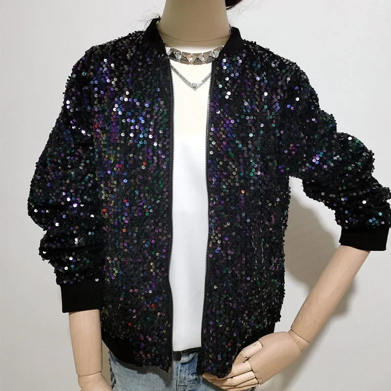 Women Black Sequin Bomber Jacket Loose Stand Collar Casual Velour Coat Zip Up Baseball Jacket-Dollar Bargains Online Shopping Australia