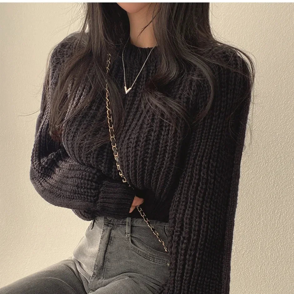 Knitted Sweater Pullovers Japan Girls Solid O Neck Short Crop Knit Tops 4 Colors-Dollar Bargains Online Shopping Australia
