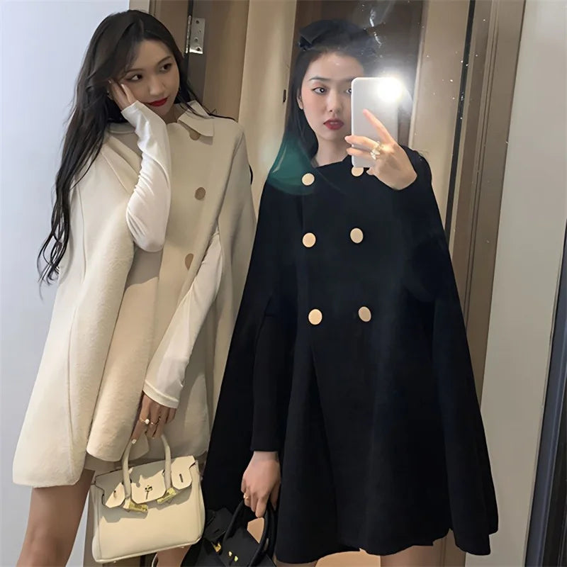 Fashion Woolen Poncho Coats for Women Autumn Winter Solid Cape Cloak Coat Loose Overcoat Female Double Breasted Lapel Jackets-Dollar Bargains Online Shopping Australia