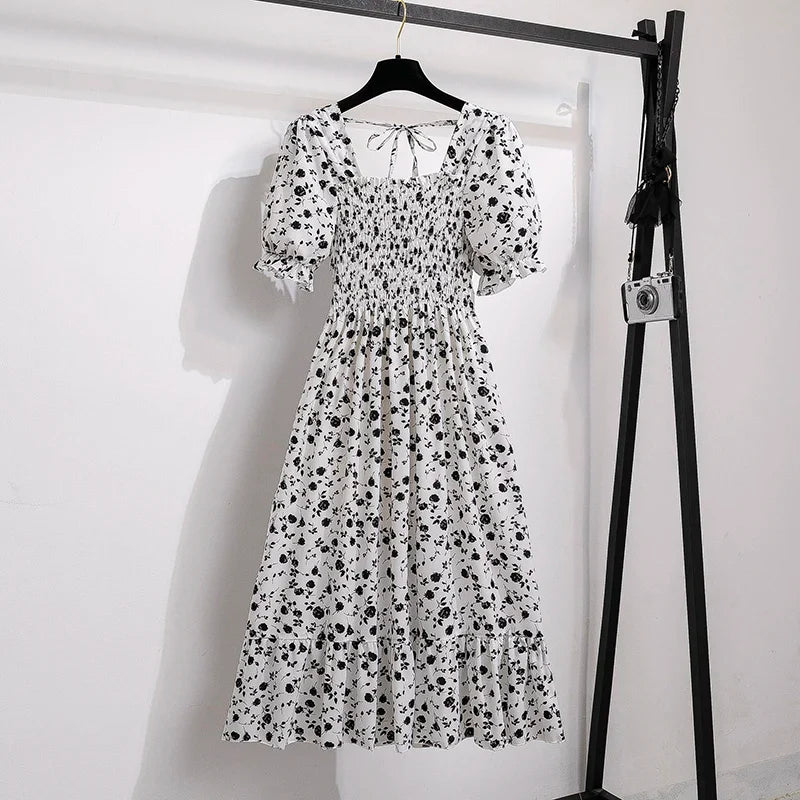 Chiffon Dresses Fashion Female Elastic Waist Short Sleeve Pleated Casual Dress Women A-line Dresses-Dollar Bargains Online Shopping Australia