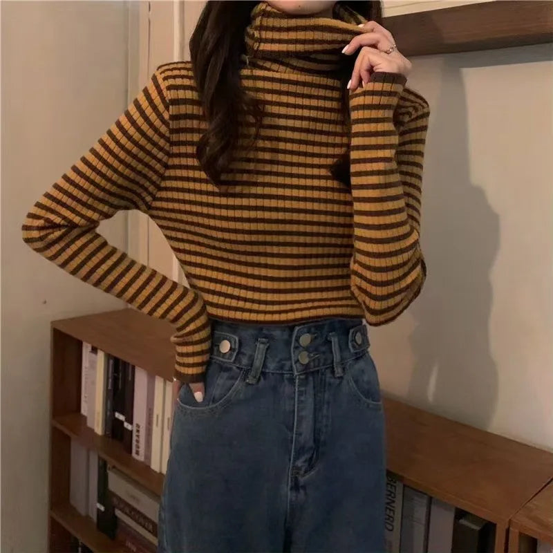 Women's Striped Turtleneck Sweater Autumn and Winter Knit Sweater-Dollar Bargains Online Shopping Australia